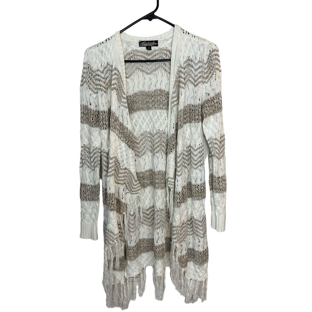 Coastal Beachy Crochet‎ Sweater Cardigan Womens Size M Fringe Absolutely Famous